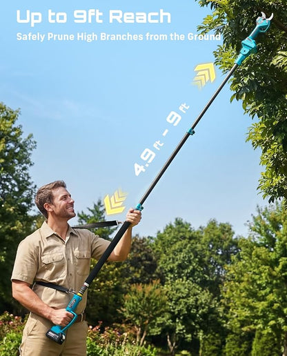 SEESII 2-in-1 Pole Pruning Shears: 2.2" Cutting Diameter Cordless Electric Pole Pruners, 2*4000mAh Batteries, Brushless Motor, Extra SK5 Blade, 4 Mode Adjustable Garden Shears for Tree Flower Trimming