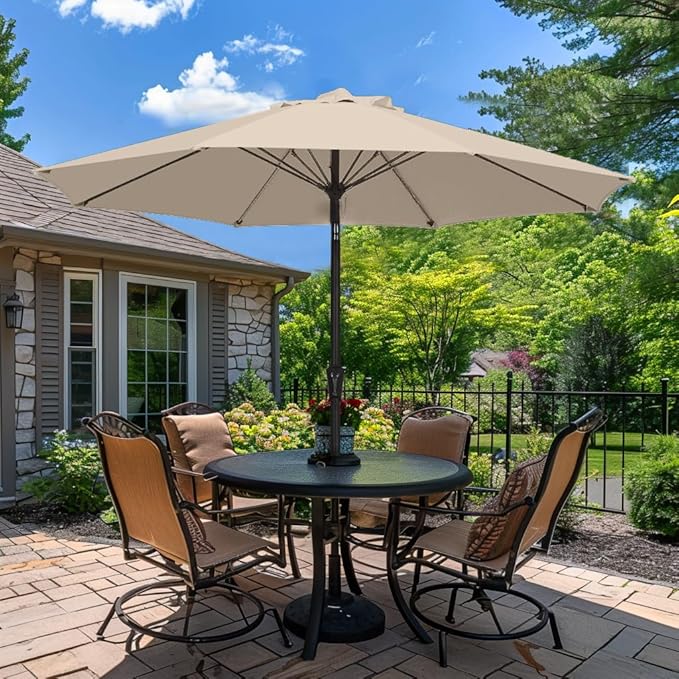 PatioKingdom 9FT Patio Outdoor Umbrella-UPF 50+ Sun Shade with Wind Vent, Push-Button Tilt & Smooth Crank Lift, Rust-Resistant Fiberglass Frame for Garden, Backyard,Yard (Beige, 9FT)