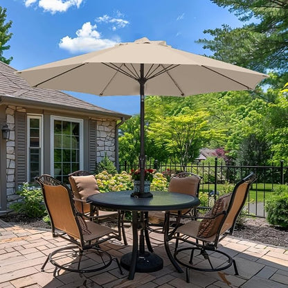PatioKingdom 9FT Patio Outdoor Umbrella-UPF 50+ Sun Shade with Wind Vent, Push-Button Tilt & Smooth Crank Lift, Rust-Resistant Fiberglass Frame for Garden, Backyard,Yard (Beige, 9FT)