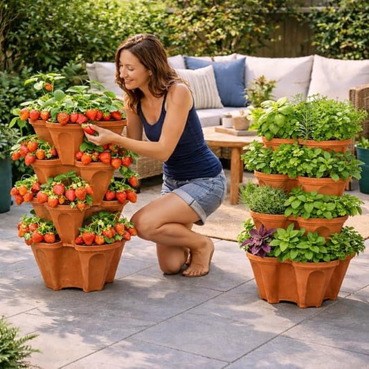 Vertical Garden Planter 4 Tier Stackable System 16 Plants, Space Saving Herb, Strawberry & Food Crop Planter with Center Support Hole for Indoor Outdoor Gardening (4, Terracotta, Small)