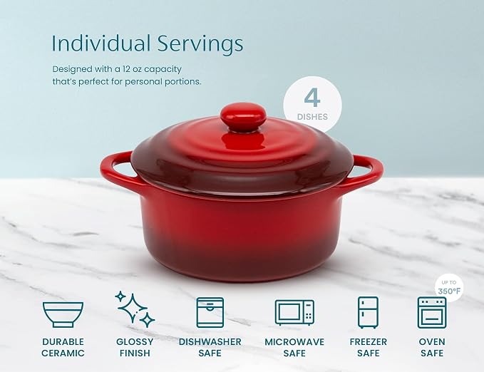 Kook Ceramic Mini Cocotte Set, Small Casserole Dishes with Lids and Handles, Individual Baking Ramekins, Oven safe 350F, Microwave & Dishwasher Safe, Stoneware, 12 oz, Set of 4, (Crimson Ombre)