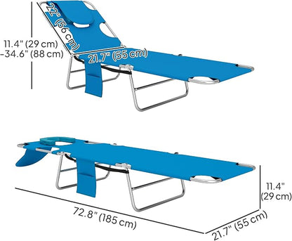 Outsunny Chaise Lounge Chair Outdoor w/Face Arm Hole Light Blue | 5-Position Reclining, Face Down, Carry Strap, Side Pocket, Portable, Folding Tanning Bed Cot, for Patio Beach Pool