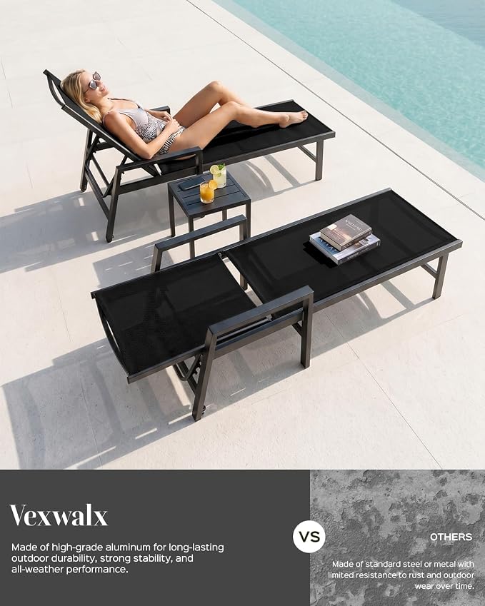 Patio Chaise Lounge Chair Outdoor with Wheels&Armrests, Aluminum Pool Lounge Chairs Set of 2 Five-Position Adjustable Recliner, Outdoor Beach Lounge Chairs for Outside, Patio, Deck, Yard, Black