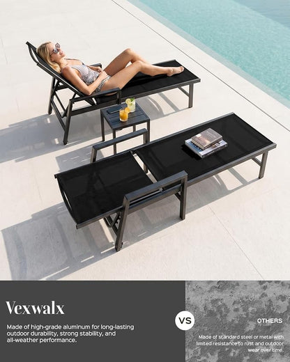 Patio Chaise Lounge Chair Outdoor with Wheels&Armrests, Aluminum Pool Lounge Chairs Set of 2 Five-Position Adjustable Recliner, Outdoor Beach Lounge Chairs for Outside, Patio, Deck, Yard, Black