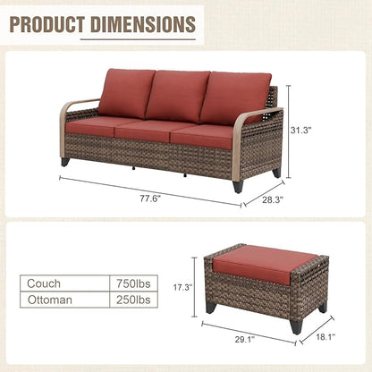 Modern Wicker Patio Furniture Set, Rattan Outdoor Conversation Set with Comfortable Cushions, 3 Seat Couch and 2 Ottomans, 3 Pieces, Brown/Red
