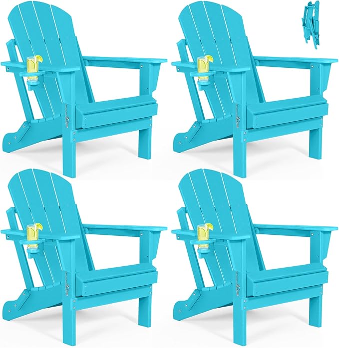 Folding Adirondack Chairs Set of 4- Plastic Adirondack Chairs with Cup Holder, Weather Resistant for Outdoor, Patio, Lawn, Garden, Backyard Deck, Fire Pit - Turquoise