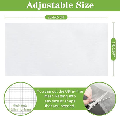 10 x 65FT Garden Mesh Netting, Ultra Fine Mesh Protection Netting Plant Covers Greenhouse Row Cover Raised Bed Screen Barrier Net for Vegetable Fruits Flowers Trees Crops, White