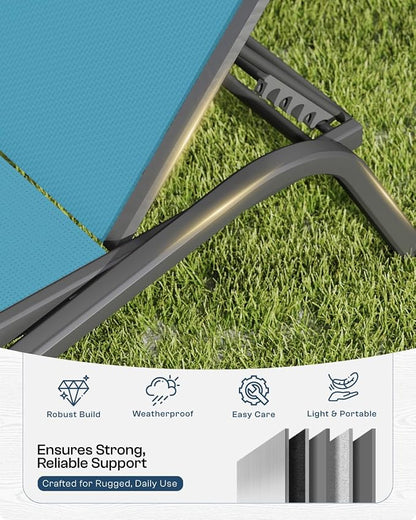Patio Chaise Lounge Chairs Set of 6, All-Weather Aluminum Pool Loungers for Outside, 5-Position Adjustable Sunbathing Chairs for Tanning, Stackable for Backyard, Poolside, Sky Blue