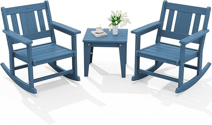 SERWALL 3 Piece Patio Rocking Bistro Set, Outdoor Bistro Set with Side Table, All Weather Outdoor Rocking Chair Set for Garden, Balcony, Backyard, and Porch- Blue