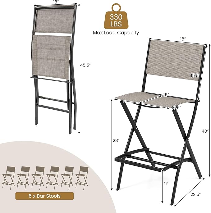 COSTWAY Outdoor Patio Bar Chair Set of 6, Folding Bar Height Stool with Metal Frame & Footrest, Patio Bar Stool for Balcony, Garden & Poolside (6, Coffee)