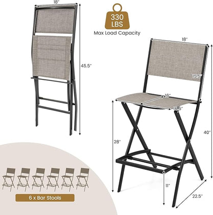 COSTWAY Outdoor Patio Bar Chair Set of 6, Folding Bar Height Stool with Metal Frame & Footrest, Patio Bar Stool for Balcony, Garden & Poolside (6, Coffee)