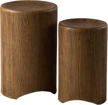 SUNBURY Concrete Side Table Set of 2, Outdoor Side Table Nesting for Patio, Outdoor Accent Table Patio End Table in Woodgrain, Ceramic for Balcony, Courtyard, Round, Light Brown
