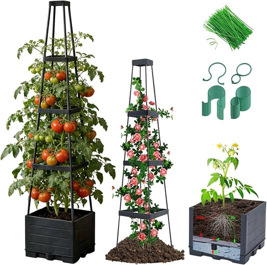 Lancisism Raised Garden Bed Tomato Planter with Trellis - 57" Self Watering Planters Box for Climbing Plants Vegetables Flowers - Garden Tomato Pots with Cage for Patio Greenhouse Indoor Outdoor