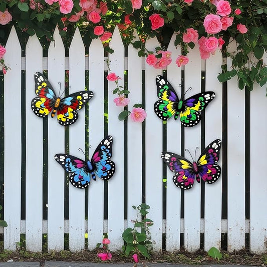 Metal Butterfly Wall Art Outdoor Decor - 4 Pack 9.8in Butterflies Wall Sculpture Hanging Decor for Home Yard Patio Garden Decoration (4 Colors)