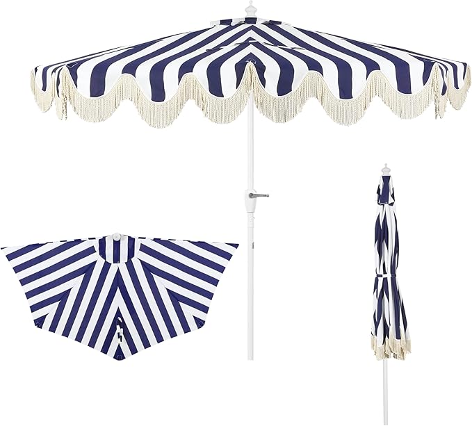 JONATHAN Y Half Umbrella UMB1201I Beverly 9 ft. Designer Classic Scalloped Fringe Market Patio with Crank, Tilt Button and UV Protection in Navy/White, White Pole