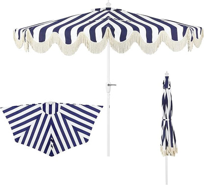 JONATHAN Y Half Umbrella UMB1201I Beverly 9 ft. Designer Classic Scalloped Fringe Market Patio with Crank, Tilt Button and UV Protection in Navy/White, White Pole