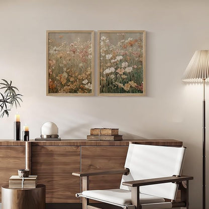 Framed Vintage Canvas Wall Art Modern Floral Poster Picture Countryside Painting Nature Landscape Contemporary Home Print Living Room Gallery Office Ready to Hang 12x16 Inch x2