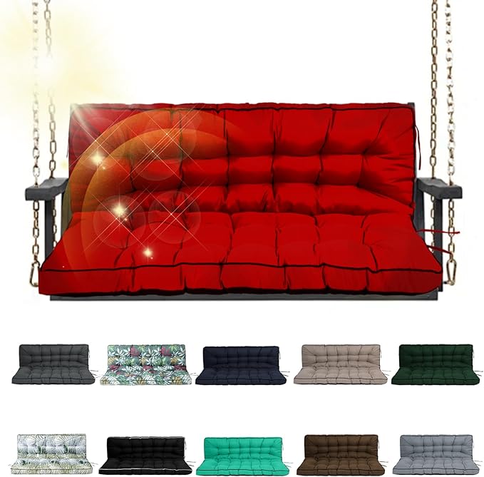 Porch Swing Cushion Three Seat, Waterproof Swing Cushions Replacement with Backrest, Outdoor Garden Furniture Patio 4" Thickened Cushions with Ties (Red, 40 x 55in)