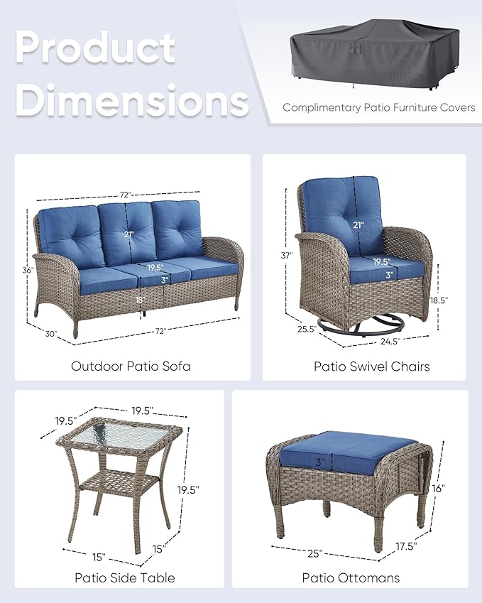 6 Pieces Outdoor Furniture-Patio Swivel Rocker Chairs Set of 2 3-Seater Wicker Couch with Outdoor Ottoman Outdoor Patio Furniture Set for Deck Porch Garden Balcony Poolside-Grey/Blue