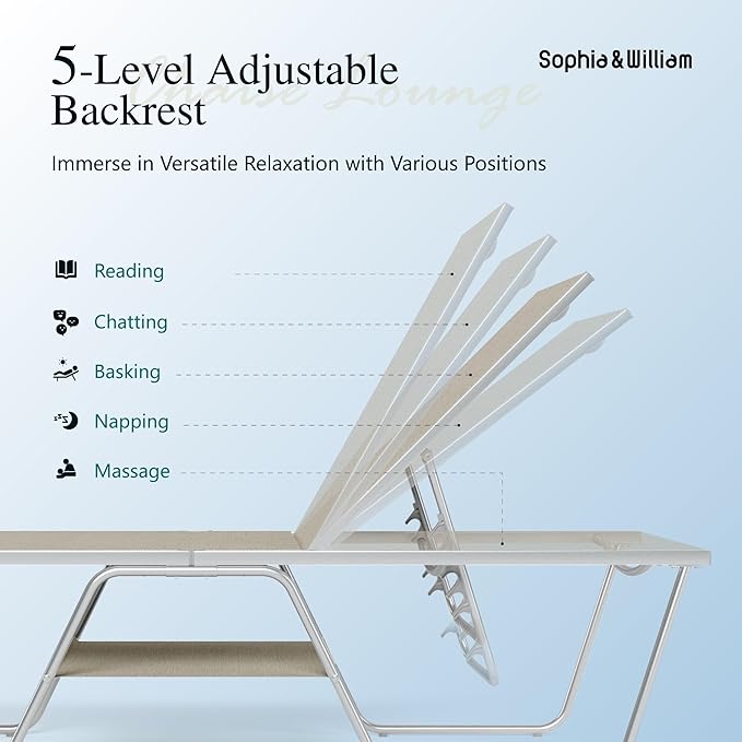 Sophia & William Outdoor Chaise Lounge Chair Set of 2, 78" Long Reclining Lounge Chairs with 5 Adjustable Backrest, Oversized Patio Chaise Lounge Chair for Outside Poolside Beach Yard, Grey