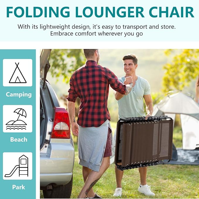 Portable Foldable Sun Tanning Chair, Heavy Duty Adjustable Folding Laying Out Chairs for Tanning, Beach Lounge Chairs for Adults for Outdoor Sunbathing Patio Pool Lawn Camping Deck (Brown)