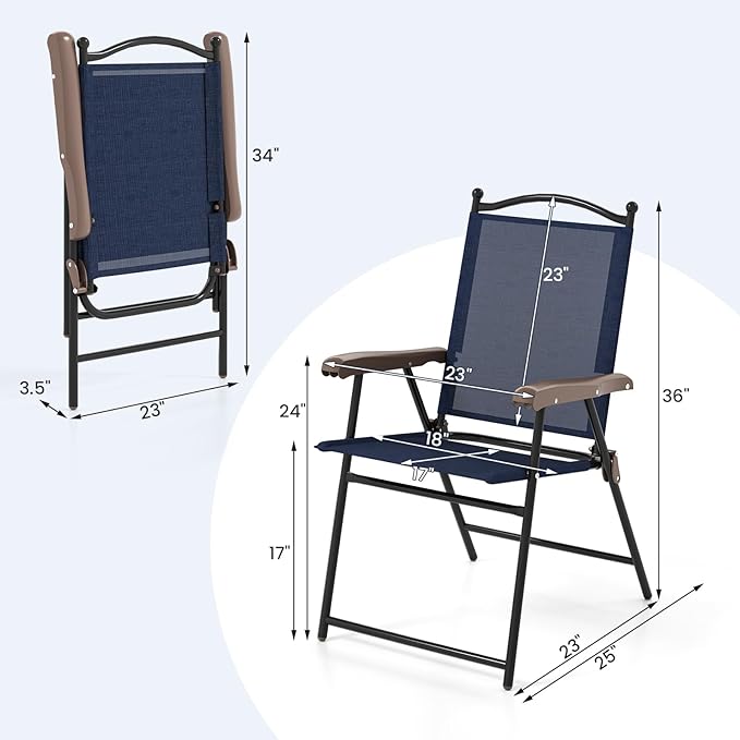 Tangkula Set of 4 Patio Folding Dining Chairs, Outdoor Sling Lawn Chairs with Armrests, Steel Frame, Portable Camping Lounge Chairs for Backyard, Deck, Poolside and Garden, No Assembly (2, Navy)