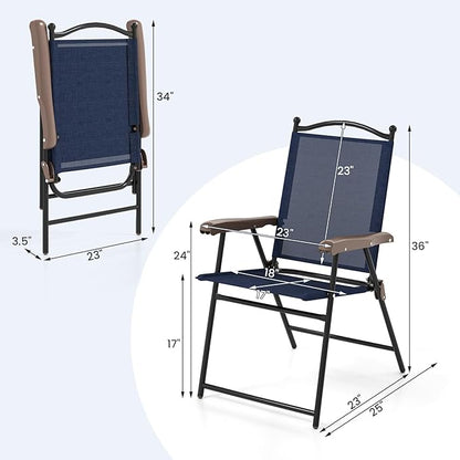 Tangkula Set of 4 Patio Folding Dining Chairs, Outdoor Sling Lawn Chairs with Armrests, Steel Frame, Portable Camping Lounge Chairs for Backyard, Deck, Poolside and Garden, No Assembly (2, Navy)