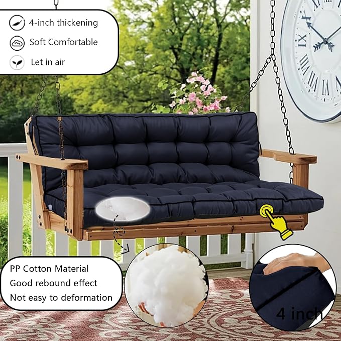 Porch Swing Cushion Three Seat, Waterproof Swing Cushions Replacement with Backrest, Outdoor Garden Furniture Patio 4" Thickened Cushions with Ties (Navy Blue, 40 x 63in)