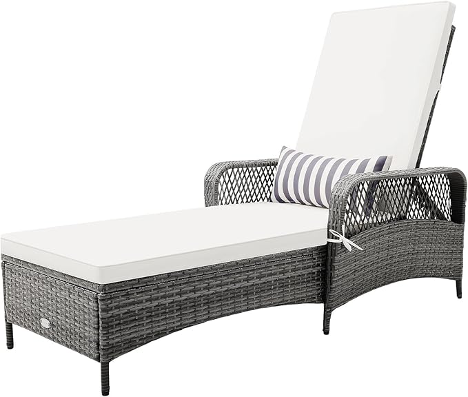 COSTWAY PE Rattan Chaise Lounge Chair, 6 Gear Adjustable Recliner with Armrest & Pillow, Wicker Outdoor Furniture for Deck, Patio (1, Gray)