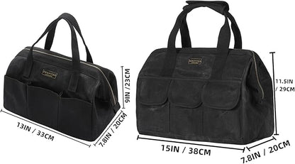 Heavy-Duty 16oz Waxed Canvas Tool Tote with Zipper, Multi-Purpose Organizer Tool Bag with 15 Pockets | 15"L X 7.8"W X 11.5"H
