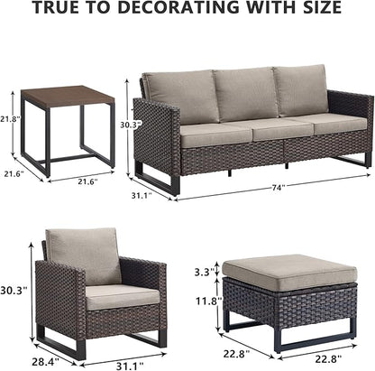 HUMMUH 6 Piece Patio Furniture Outdoor Sectional Sofa Set All-Weather Wicker Outdoor Chairs with End Table Ottomans for Patio,Porch,Garden,Backyard