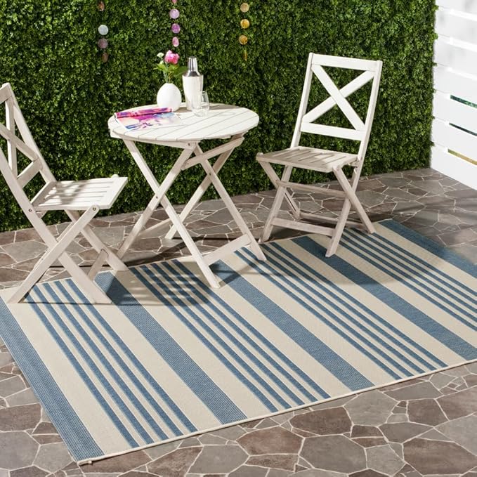 SAFAVIEH Washable Rug Outdoor Courtyard Collection - 4' x 5'7", Beige & Blue, Non-Shedding & Easy Cleaning, Ideal for Patio, Backyard, Mudroom (CY6062-233)