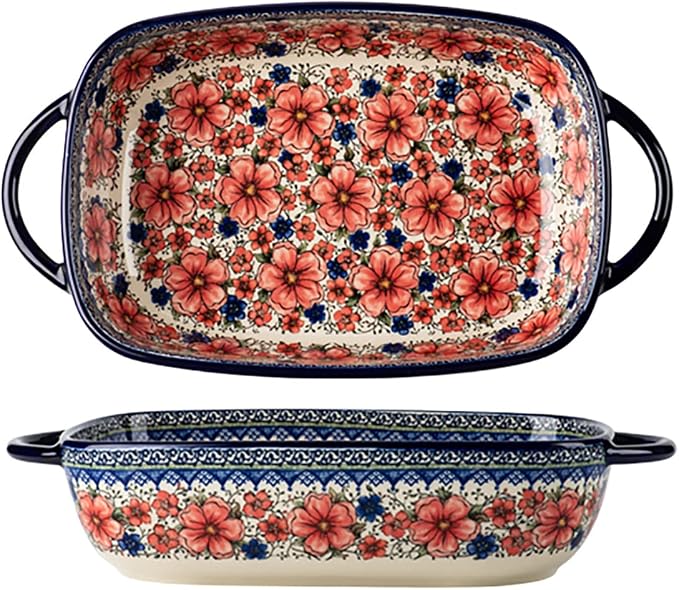 Vintage Style Pottery Bakeware Ceramic Casserole Dish Baking Pan Lasagna Pans Baking Dish with Handles for Oven/Cooking/Kitchen-1 PCS, Large Capacity, 60 OZ