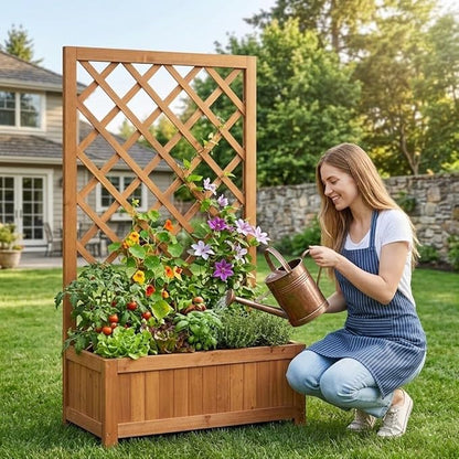 Wooden Raised Garden Bed with Trellis, 40" Outdoor Planter Box for Climbing Plants, Vertical Warm Brown Garden Planter for Vegetables, Flowers & Vines, Lattice Plant Support for Patio Yard Balcony