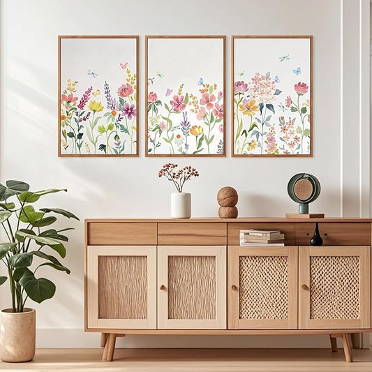 CHDITB Colorful Wildflower Framed Canvas Wall Art Print, Nature Butterfly Poster, Flower Wall Decor, Watercolor Floral Pictures, Botanical Art Prints for Girl Room Living Room Nursery Decor 16"x24"x3