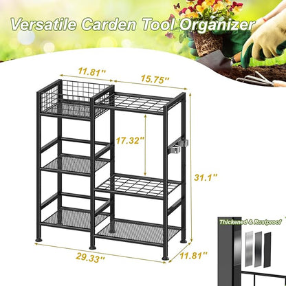 keomaisyto Garden Tool Organizer With Basket - 3 Tier Yard Storage Rack for Garage Organization, Heavy Duty Holder With 35 Long-Handled Slots for Shed, Yard, Garage