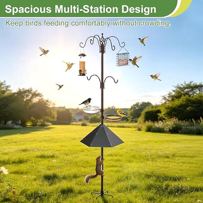 83" Bird Feeding Station Kit with Metal Squirrel Baffle, Heavy Duty Metal Bird Feeding Station with Seed Tray＆Mesh Basket, Easy Assembly Ground Mounted Bird Feeder Pole for Garden Yard Outdoor