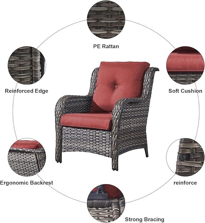 HUMMUH 6 Pieces Patio Furniture Set with Fire Pit Table High Back Outdoor Conversation Set Wicker Patio Couch Outdoor Chairs Ottomans for Balcony Garden,Lawn,Deck