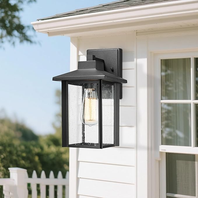 Bestshared Outdoor Wall Lights, Outside Sconce Light, Exterior Lighting Fixture, Outdoor Wall Lantern, Black Porch Lamp with Seeded Glass for Entryway, Garage (Black, 12.4" H)