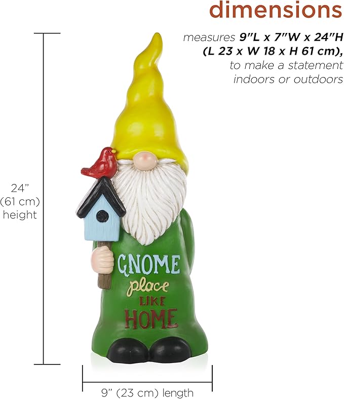 Alpine Corporation 24" Tall Outdoor Yellow Hat Place Like Home Gnome Statue Holding Bird House, Weatherproof Garden Decor