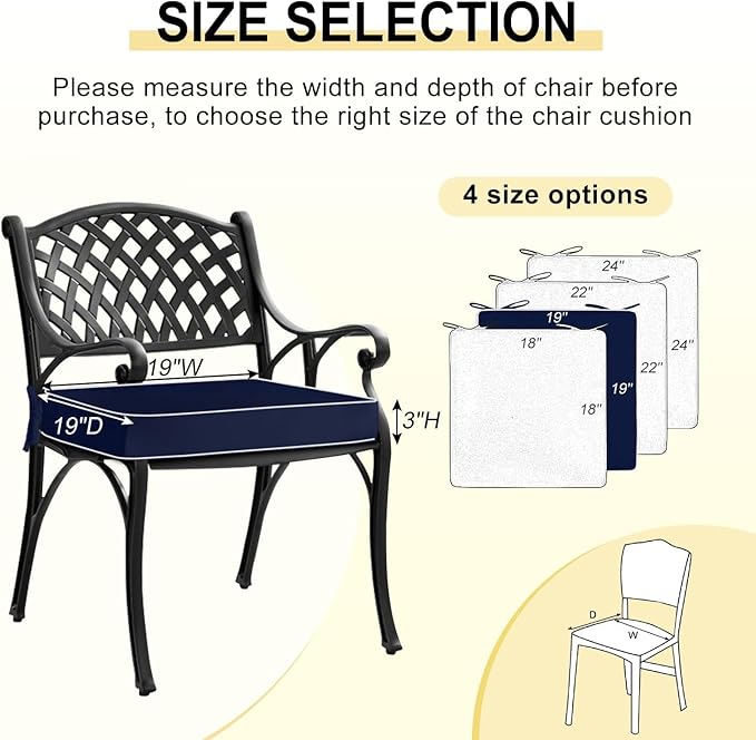 downluxe Waterproof Outdoor Chair Cushions Set of 2, 19" x 19" x 3" Patio Chair Cushion with Non-Slip Ties & Handle, Square Outdoor Cushion for Patio Furniture with Removable Cover, Navy/White