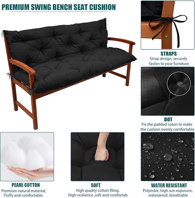 Swing Replacement Seat Cushions, 2-3 Seater Bench Cushions for Outdoor Furnitur with Backrest, Garden Recliner Seat Cushions Waterproof Sofa Pads (Black, 60x40in)