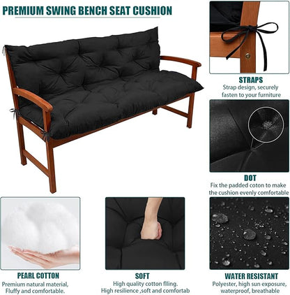 Swing Replacement Seat Cushions, 2-3 Seater Bench Cushions for Outdoor Furnitur with Backrest, Garden Recliner Seat Cushions Waterproof Sofa Pads (Black, 60x40in)