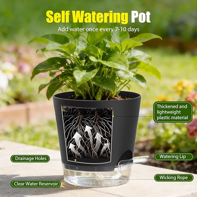Plant Pots 4 Inch Self Watering Pots,6 Pack Plastic Planters with Drainage Holes and Clear Saucers,Plastic Flower Pots,Nursery Planting Pot for Indoor Out Door Plants (Black, 4 inch)