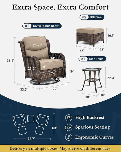HILLGA Luxury Patio Furniture Set with 6-Inch Thick Cushions, High Back Outdoor Swivel Rocker Chairs and Ottoman, 5-Piece All Weather Conversation Set for Porch Deck Balcony Yard, Beige (V3)