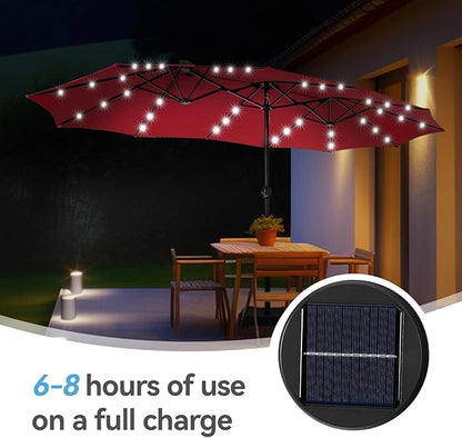 GREEN PARTY 15 ft Rectangle Patio Umbrella with Solar Lights and Base Included, Double-Sided Market Table Umbrella with Crank, Large Outdoor Umbrellas for Patio Poolside Garden Backyard, Burgundy Red