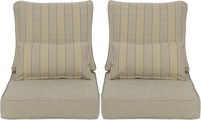 Aoodor Outdoor Chair Cushion, 23 x 26 Inch Water-Resistant, Fade-Resistant Olefin Fabric Patio Seat Cushions with Removable Cover and Adjustable Straps for Outdoor Furniture, Set of 2, Brown Stripes