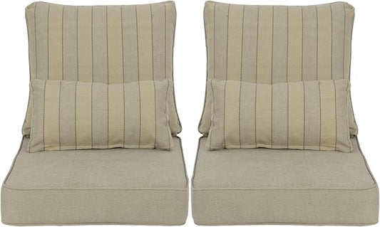 Aoodor Outdoor Chair Cushion, 24 x 24 Inch Water-Resistant, Fade-Resistant Olefin Fabric Patio Seat Cushions with Removable Cover and Adjustable Straps for Outdoor Furniture, Set of 2, Brown Stripes