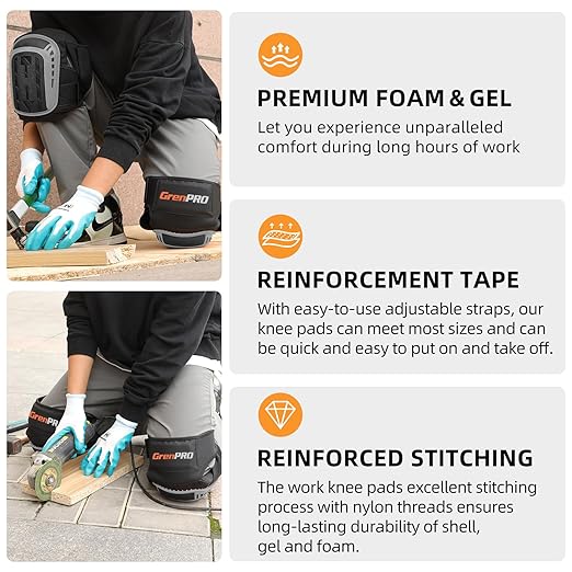 Professional Knee Pads for Work,Heavy Duty Thick Foam Knee Pads Tools, Knee Pad with Soft Gel Cushion for Construction, Work, Flooring, Gardening, Cleaning, Tiling,Gray