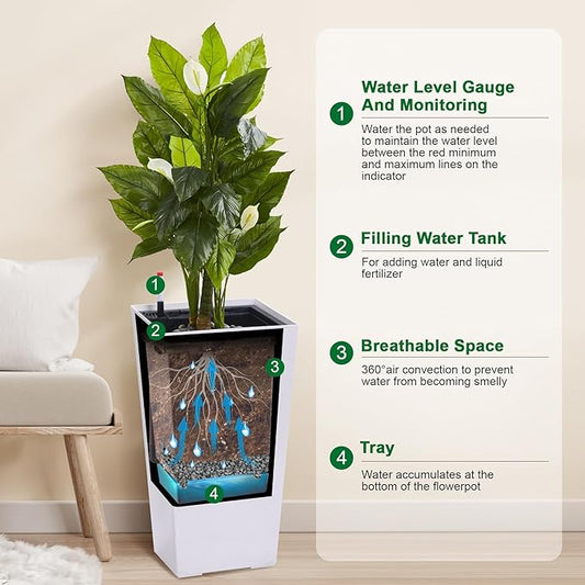 GarveeLife 22.5 in Tall Planters Set of 2, Outdoor＆Indoor Black Planter Pots, High Front Porch Planter Pots with Drainage Holes＆Water Level Monitor＆Inner Bucket, Automatic Watering, White